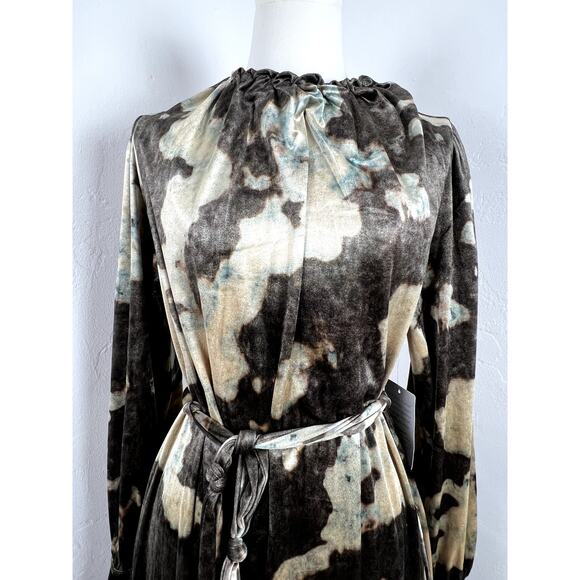 NWT Midi VELVET LONG SLEEVE DRESS Tie Waist Pockets Brown Gold Olive Women Small - Picture 7 of 16